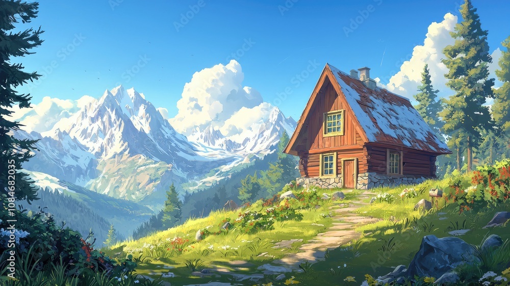 A Rustic Log Cabin Perched on a Mountainside Overlooking a Snow-Covered Valley A Rustic Log Cabin Perched on a Mountainside Overlooking a Snow-Covered Valley