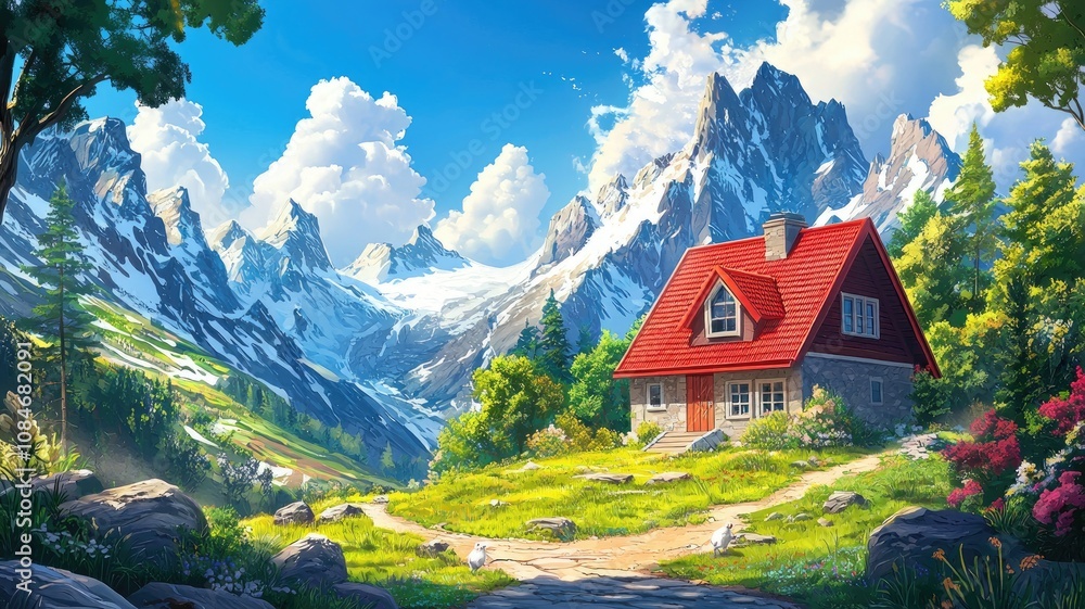 Fototapeta premium A Red-Roofed Cottage Nestled in a Mountain Valley