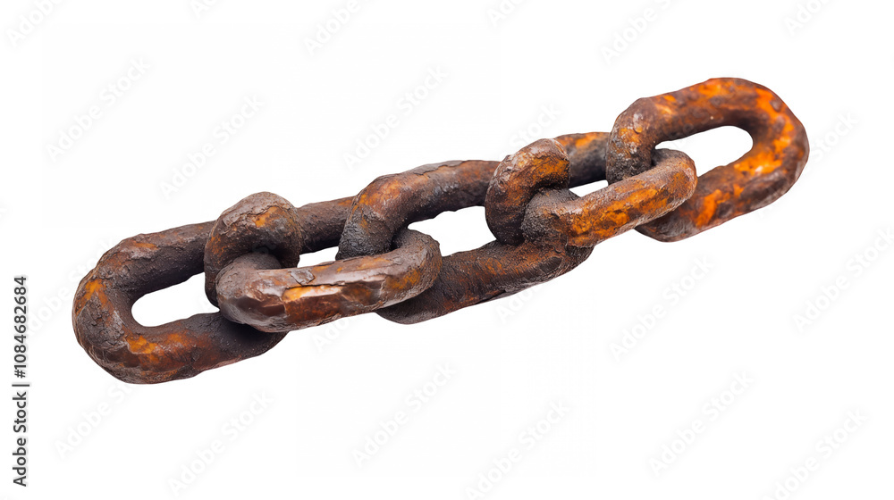 Rusty metal chain, close-up photography, oxidized iron links, industrial aesthetic, weathered texture, orange and brown tones, strong contrast, white background, detailed macro shot Rusty metal chain, close-up photography, oxidized iron links, industrial aesthetic, weathered texture, orange and brown tones, strong contrast, white background, detailed macro shot