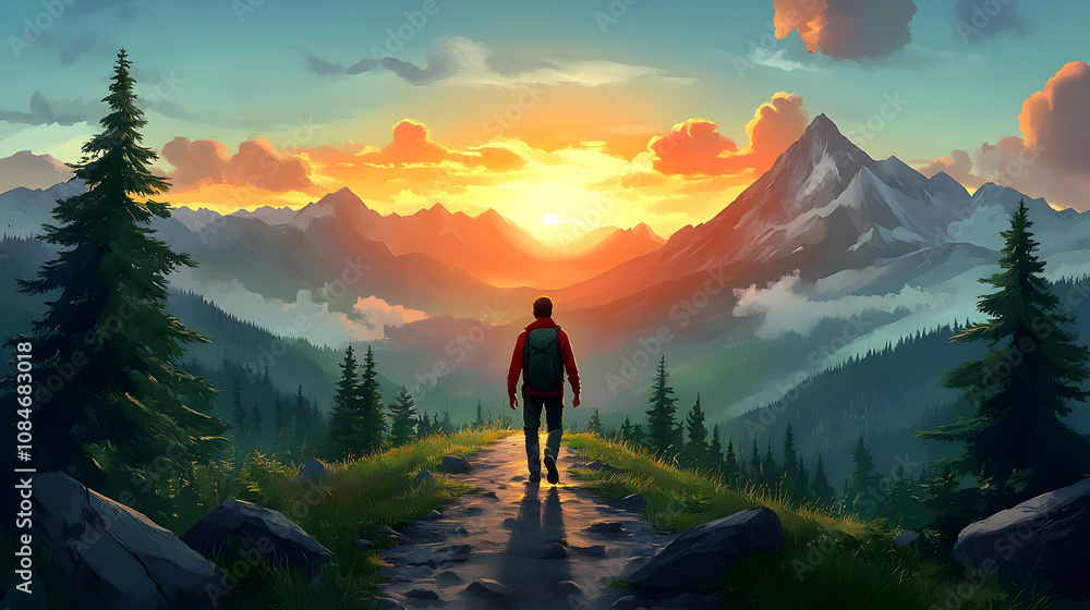 Mountain Hiking Illustration - Adventure in the Wilderness Mountain Hiking Illustration - Adventure in the Wilderness