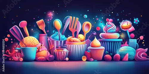 Colorful Dessert Display Featuring Various Baked Goods and Sweet Treats With Vibrant Backgrounds and Playful Decorations During a Festive Celebration