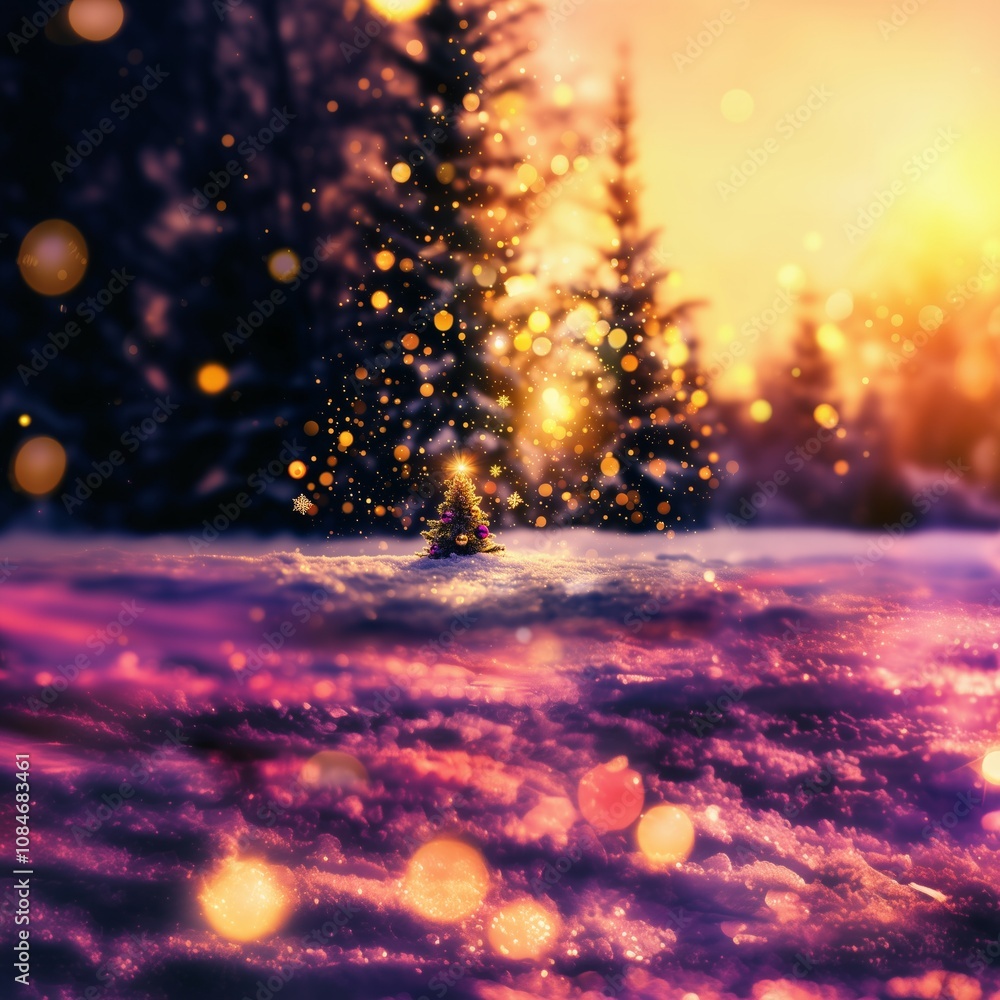 a small tiny christmas tree in a snowy forest, the light shines bright through the tree, nowflakes float gently through the air, winter air, sunlight, Golden bokeh - Generative AI a small tiny christmas tree in a snowy forest, the light shines bright through the tree, nowflakes float gently through the air, winter air, sunlight, Golden bokeh - Generative AI