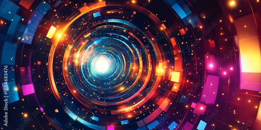 Fototapeta premium Vibrant Swirling Patterns and Bright Lights Create a Dynamic Tunnel Effect in Futuristic Abstract Digital Art Design During the Night, Evoking a Sense of Movement and Depth