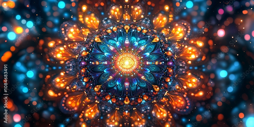A Vibrant Mandala Pattern Illuminates the Space With Swirling Colors of Blue, Orange, and Gold, Creating a Mesmerizing Visual Effect Reminiscent of Cosmic Energy A Vibrant Mandala Pattern Illuminates the Space With Swirling Colors of Blue, Orange, and Gold, Creating a Mesmerizing Visual Effect Reminiscent of Cosmic Energy