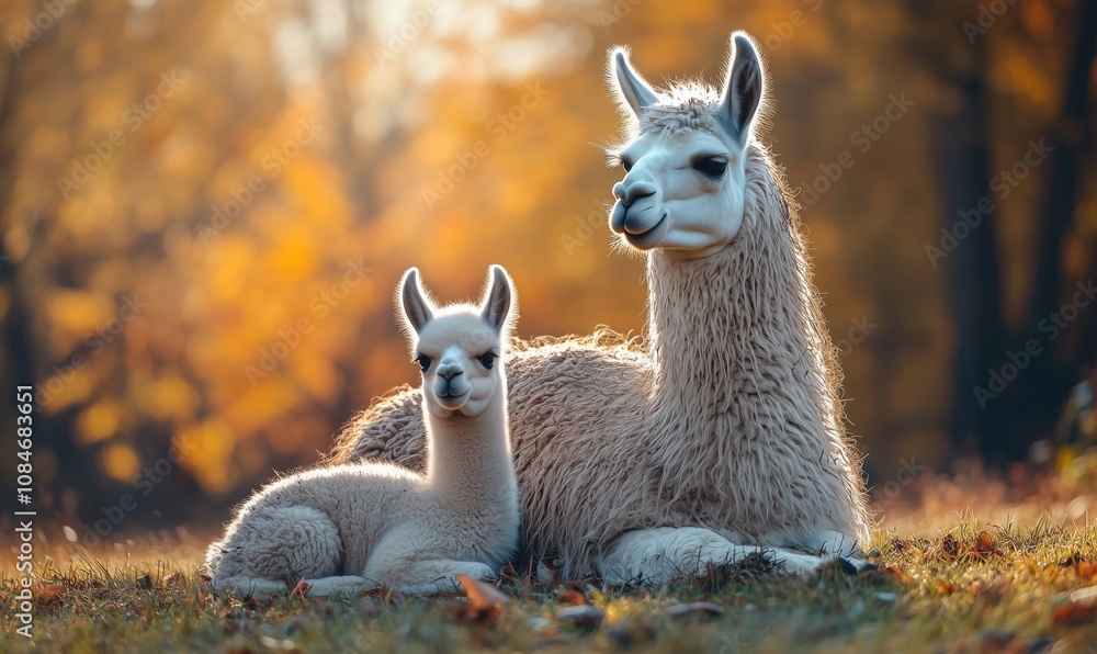 Llamas resting in autumn scenery, mother and baby, warm colors, soft fur, peaceful atmosphere Llamas resting in autumn scenery, mother and baby, warm colors, soft fur, peaceful atmosphere