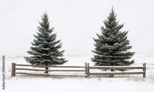 Snow-covered evergreen trees, wooden fence, winter landscape, serene atmosphere, soft light, minimalistic scene photo