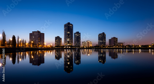 Serene City Skyline Reflected on Calm Water at Blue Hour