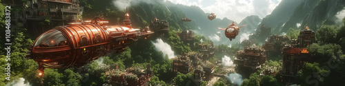 Futuristic steampunk landscape featuring majestic airships and vibrant floating cities amidst lush mountains, perfect for wall art, posters, or stunning backgrounds.