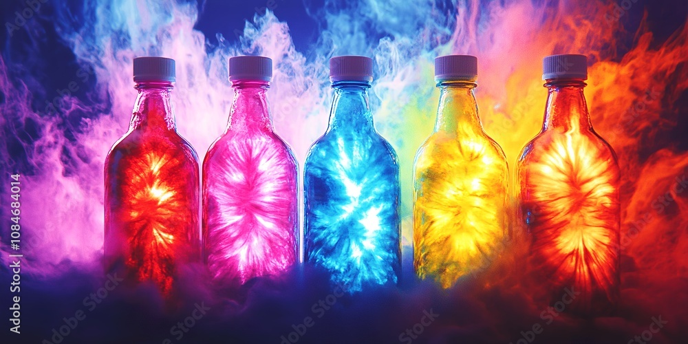 Five Colorful Glass Bottles Filled With Vibrant Liquid Illuminated Against a Dark Background, Creating a Mystical Atmosphere With Colorful Smoke Effects Five Colorful Glass Bottles Filled With Vibrant Liquid Illuminated Against a Dark Background, Creating a Mystical Atmosphere With Colorful Smoke Effects