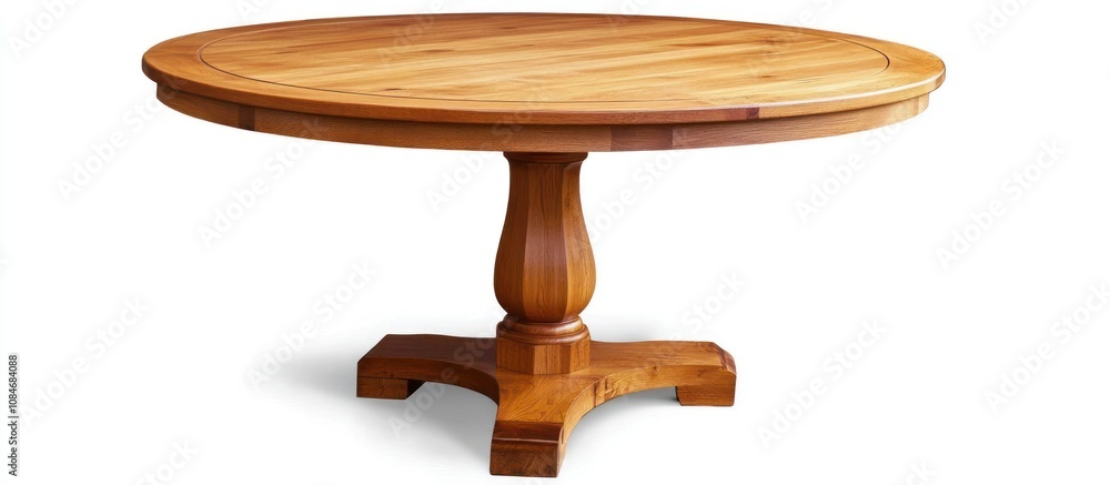 Round wooden table, smooth oak surface, central pedestal base, simple and elegant design, ideal for small spaces Round wooden table, smooth oak surface, central pedestal base, simple and elegant design, ideal for small spaces