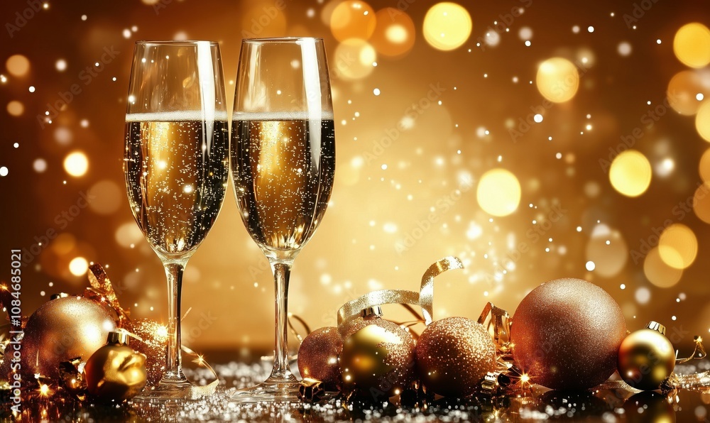 Champagne glasses celebration, festive decorations, golden bokeh background, sparkling lights, holiday atmosphere, New Year, Christmas, party Champagne glasses celebration, festive decorations, golden bokeh background, sparkling lights, holiday atmosphere, New Year, Christmas, party