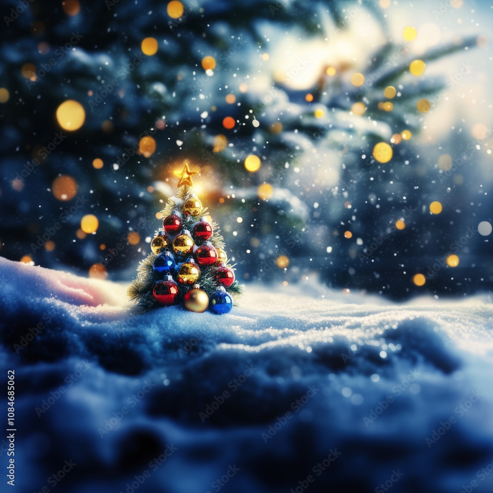 a small tiny christmas tree in a snowy forest, the light shines bright through the tree, nowflakes float gently through the air, winter air, sunlight, Golden bokeh - Generative AI a small tiny christmas tree in a snowy forest, the light shines bright through the tree, nowflakes float gently through the air, winter air, sunlight, Golden bokeh - Generative AI