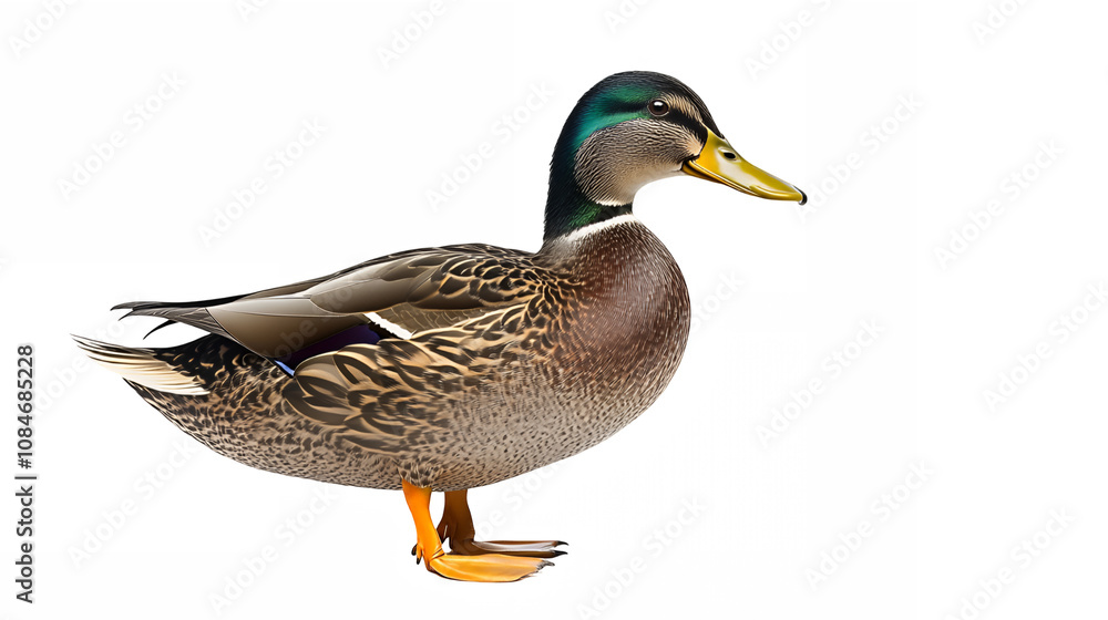 duck, mallard, realistic, detailed feathers, iridescent green head, brown body, orange feet, white background, side view, wildlife photography, nature illustration, high resolution, studio lighting duck, mallard, realistic, detailed feathers, iridescent green head, brown body, orange feet, white background, side view, wildlife photography, nature illustration, high resolution, studio lighting