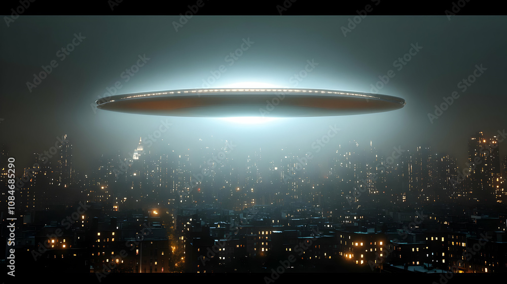 Fototapeta premium UFO Over City - 3D Illustration