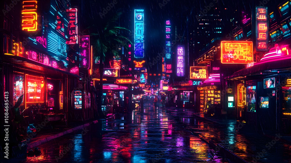 Neon City Street Rainy Night - Illustration Neon City Street Rainy Night - Illustration