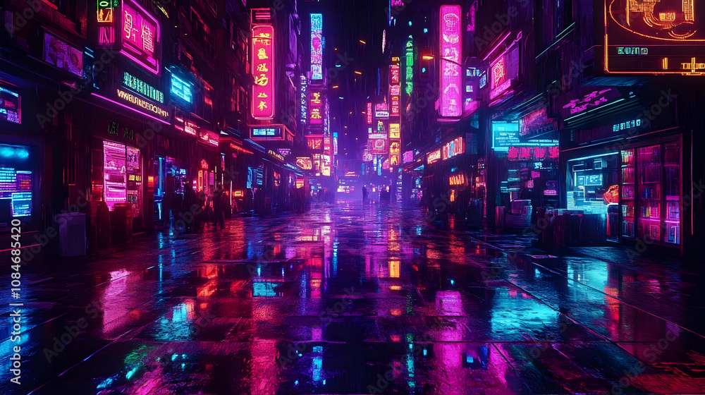 Neon City Street Wet Night 3D Illustration Neon City Street Wet Night 3D Illustration