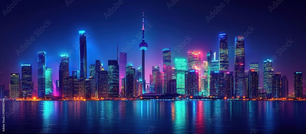 Fototapeta premium A vibrant city skyline illuminated at night with colorful lights reflecting on water.