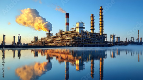 Industrial Complex with Smoke Stacks and Reflection in Water - Photo photo