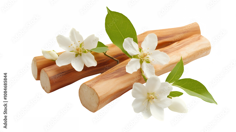 Fototapeta premium Cinnamon sticks, white jasmine flowers, green leaves, aromatic spices, photorealistic, high detail, soft lighting, close-up, food photography, natural ingredients, culinary still life, warm tones