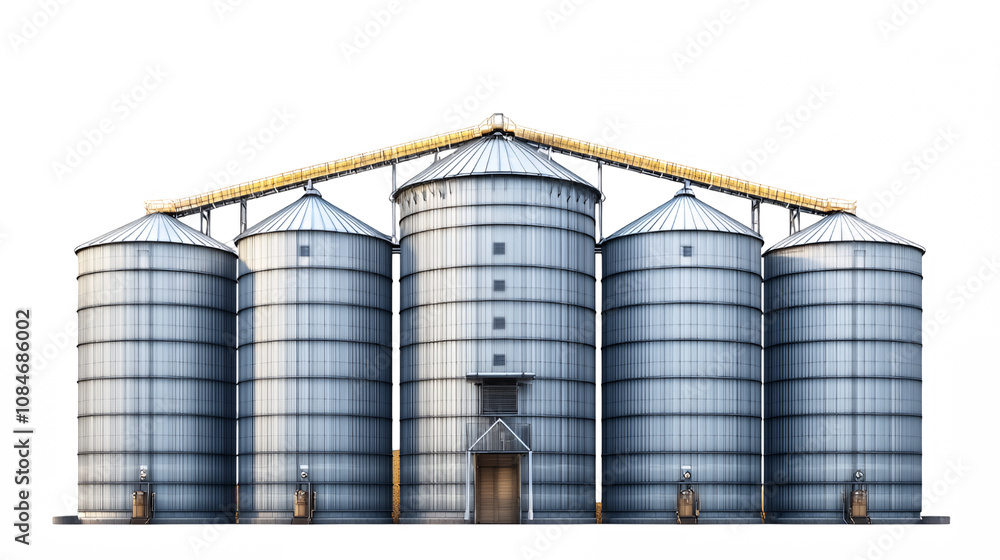 Industrial agricultural silos, metallic grain storage, cylindrical tanks, rural farm equipment, structural engineering, agricultural architecture, reflective steel surfaces, golden sunlight Industrial agricultural silos, metallic grain storage, cylindrical tanks, rural farm equipment, structural engineering, agricultural architecture, reflective steel surfaces, golden sunlight