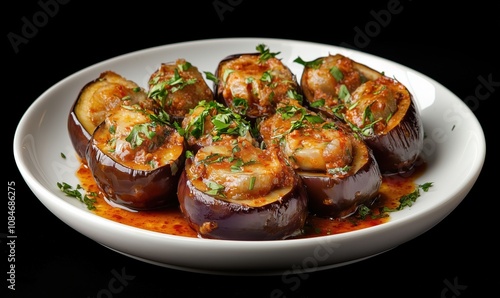 Stuffed eggplants with spicy sauce, garnished with fresh herbs. Delicious dish featuring eggplants filled with savory mixture, served in rich sauce.