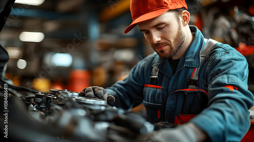 Wallpaper Mural Mechanic Working on a Car Engine - Realistic Image Torontodigital.ca
