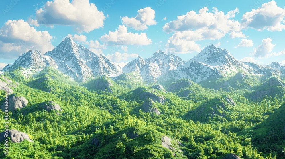 Naklejka premium Lush Green Forest Valley Surrounded by Snow-capped Mountains and Blue Sky