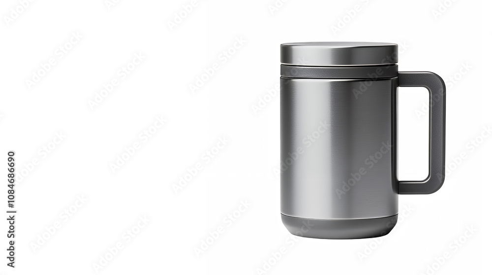 Stainless steel travel mug, brushed metal finish, cylindrical shape, insulated coffee cup, sturdy handle, screw-on lid, minimalist design, sleek appearance, portable beverage container Stainless steel travel mug, brushed metal finish, cylindrical shape, insulated coffee cup, sturdy handle, screw-on lid, minimalist design, sleek appearance, portable beverage container