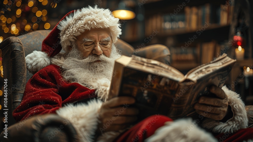 Santa Claus Reading a Magical Book in a Cozy Armchair on Christmas Eve Santa Claus Reading a Magical Book in a Cozy Armchair on Christmas Eve