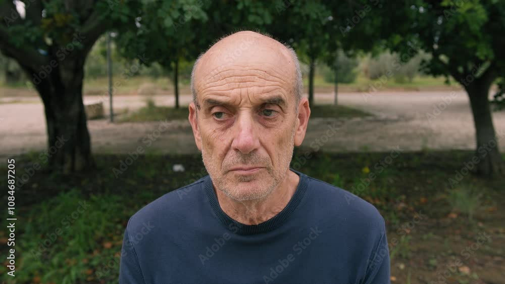 Serious Elderly Bald Man Looks Around Seated in Nature Park Serious Elderly Bald Man Looks Around Seated in Nature Park