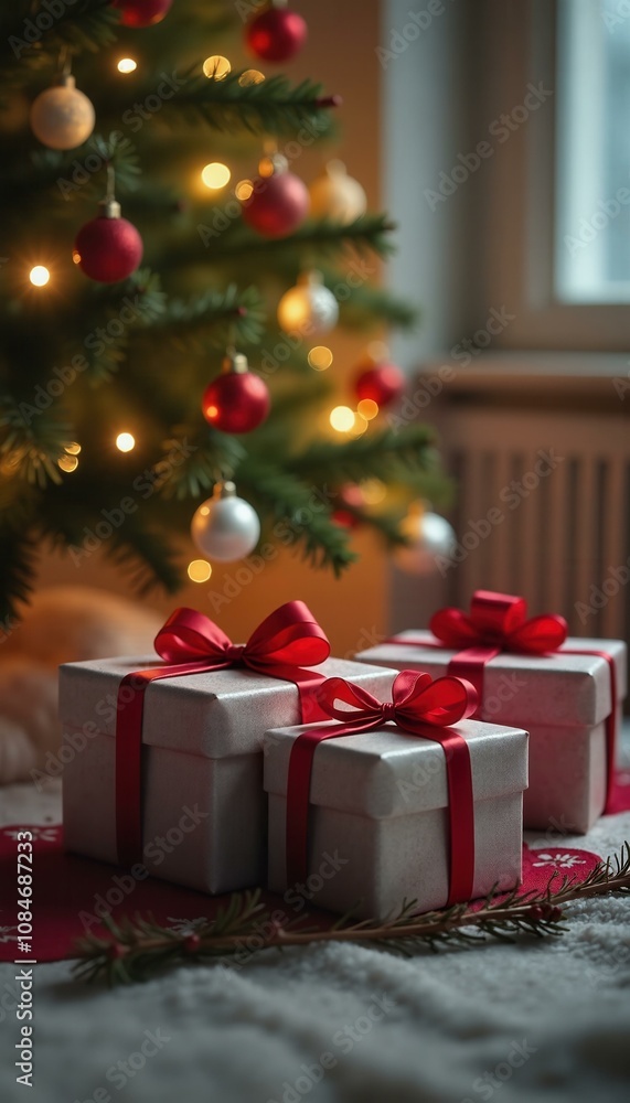 Christmas presents under the tree, cozy winter holiday concept. Christmas presents under the tree, cozy winter holiday concept.