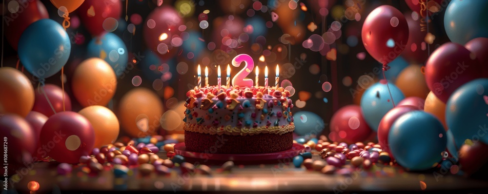 Colorful Second Birthday Cake with Number 2 Candle and Balloons in Dark Room Colorful Second Birthday Cake with Number 2 Candle and Balloons in Dark Room