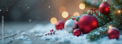 Christmas ornaments on snowy wooden background, festive winter holidays concept.