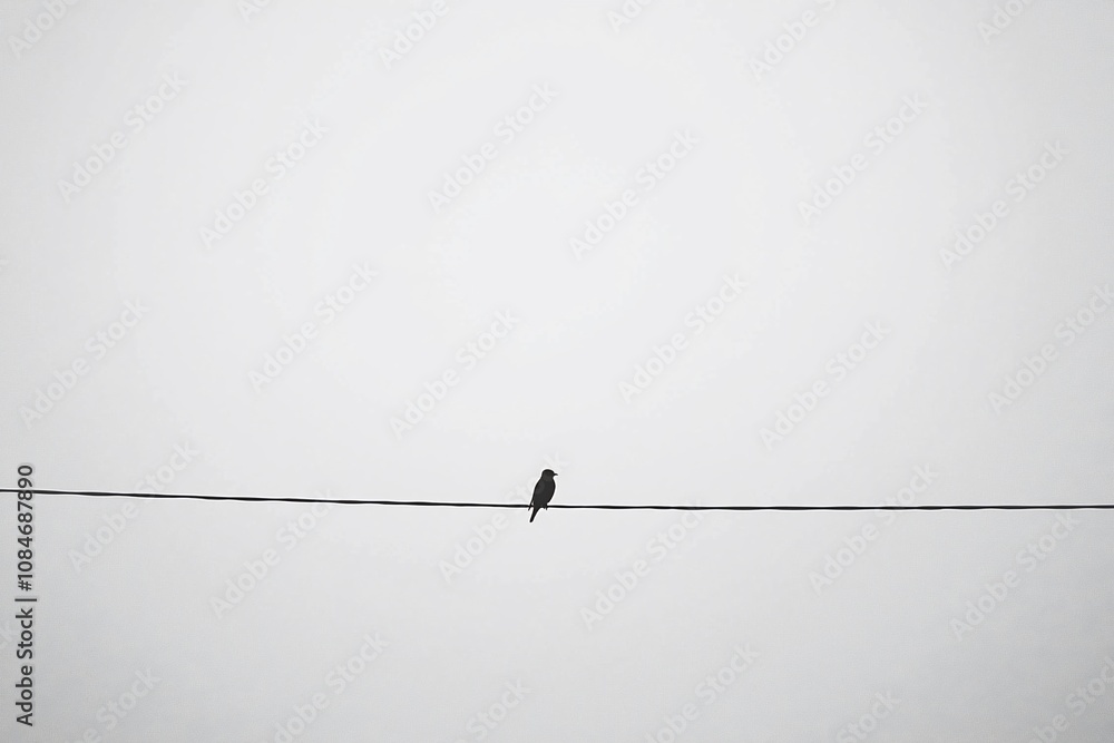 A Solitary Bird Perched on a Wire Against a Gray Sky A Solitary Bird Perched on a Wire Against a Gray Sky