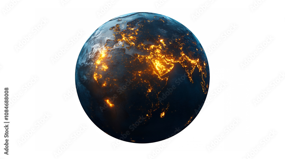 Earth at night, global view, city lights, urbanization, space photography, dark oceans, glowing continents, satellite imagery, light pollution, golden illumination, planetary sphere, black background Earth at night, global view, city lights, urbanization, space photography, dark oceans, glowing continents, satellite imagery, light pollution, golden illumination, planetary sphere, black background