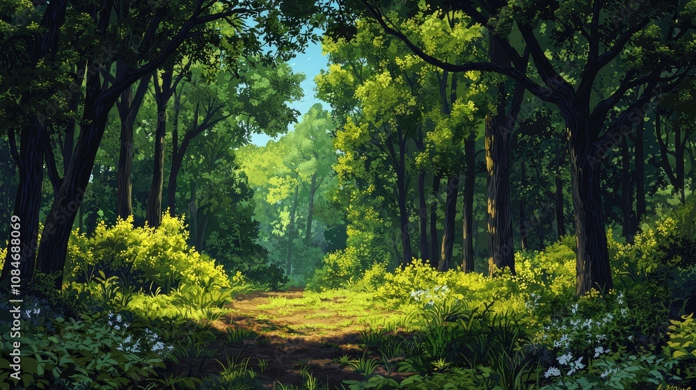A Sunlit Path Through a Dense, Green Forest A Sunlit Path Through a Dense, Green Forest