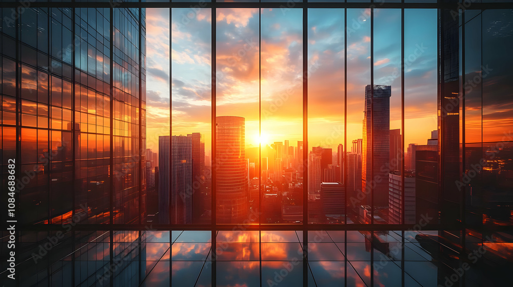 Cityscape Sunset View Through Window Illustration Cityscape Sunset View Through Window Illustration