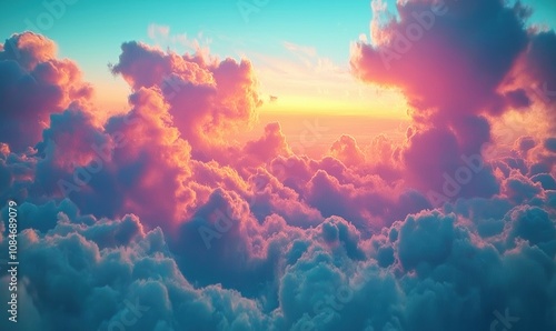 Colorful clouds at sunset, vibrant hues of pink and orange, soft fluffy formations, serene sky, tranquil atmosphere