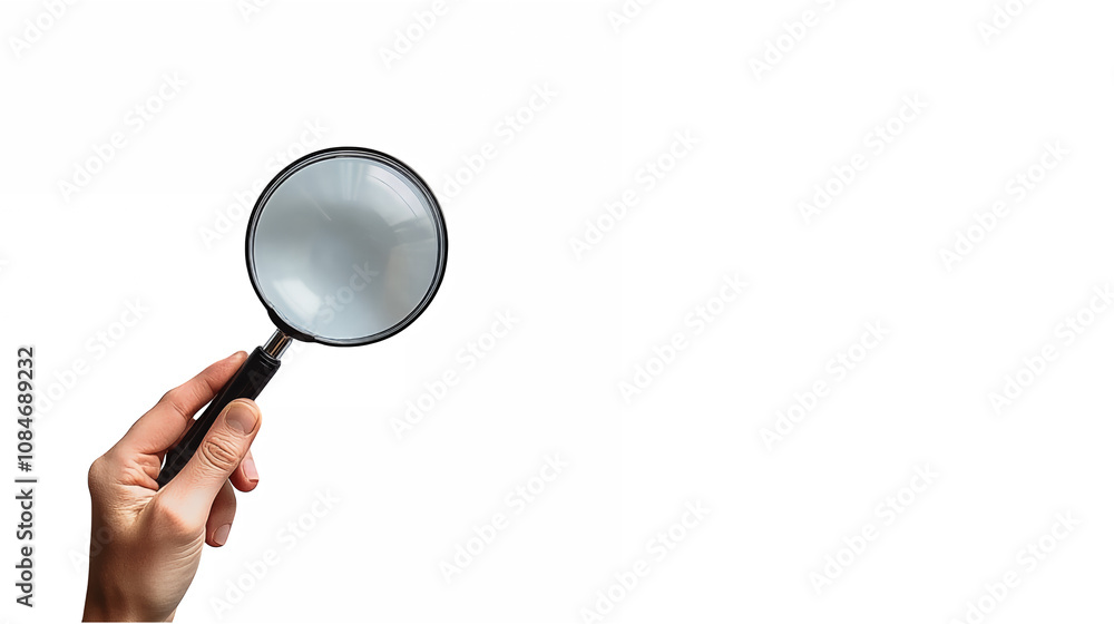 Hand holding magnifying glass, isolated on white background, close-up, detailed, realistic, search concept, investigation, discovery, scrutiny, exploration, curiosity, scientific tool, optical instrum Hand holding magnifying glass, isolated on white background, close-up, detailed, realistic, search concept, investigation, discovery, scrutiny, exploration, curiosity, scientific tool, optical instrum