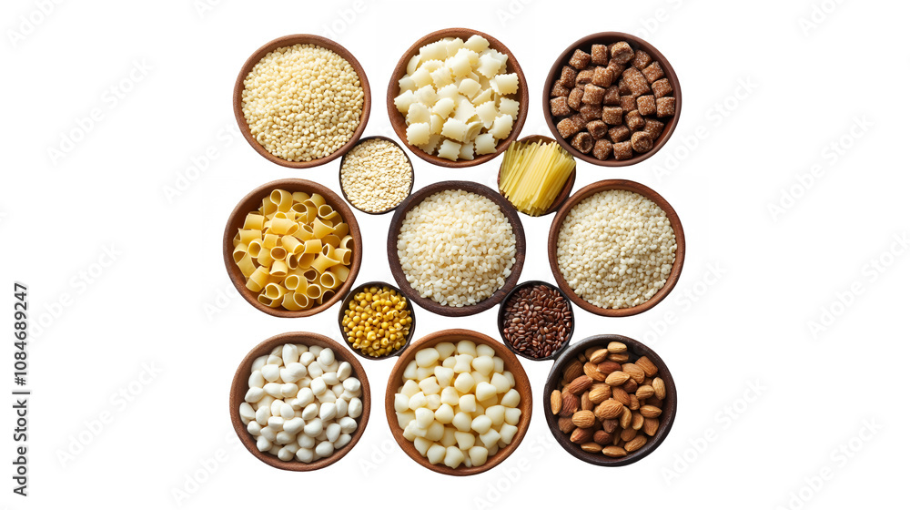 Top-down view, assorted grains and nuts, circular wooden bowls, variety of textures, neutral colors, white background, organized arrangement, quinoa, lentils, almonds, walnuts, chickpeas, rice, oats, Top-down view, assorted grains and nuts, circular wooden bowls, variety of textures, neutral colors, white background, organized arrangement, quinoa, lentils, almonds, walnuts, chickpeas, rice, oats,