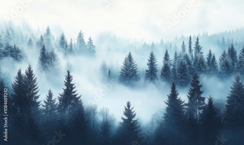 Misty forest landscape with evergreen trees, fog enveloping trees, serene atmosphere, cool tones