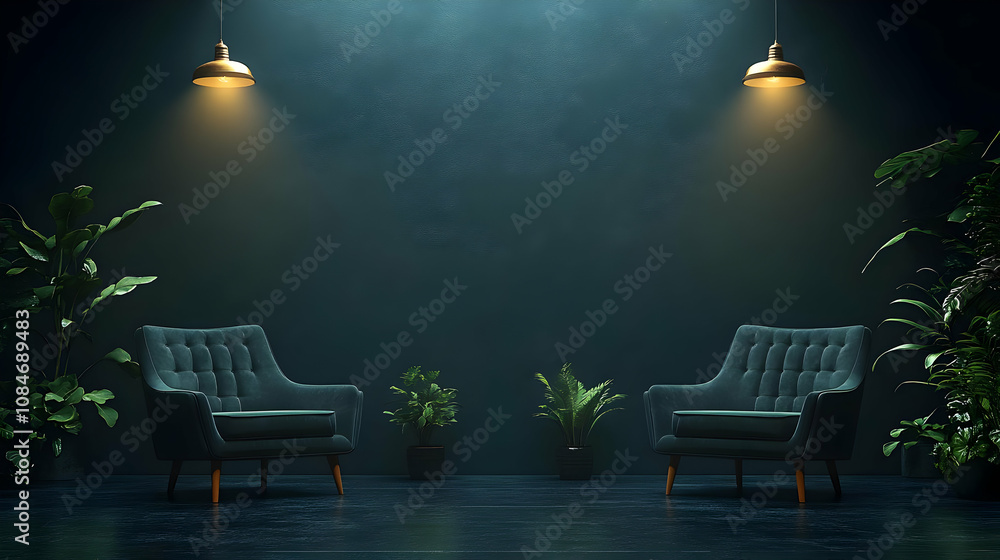 Dark Green Room Interior Design with Two Chairs and Plants - 3D Illustration Dark Green Room Interior Design with Two Chairs and Plants - 3D Illustration
