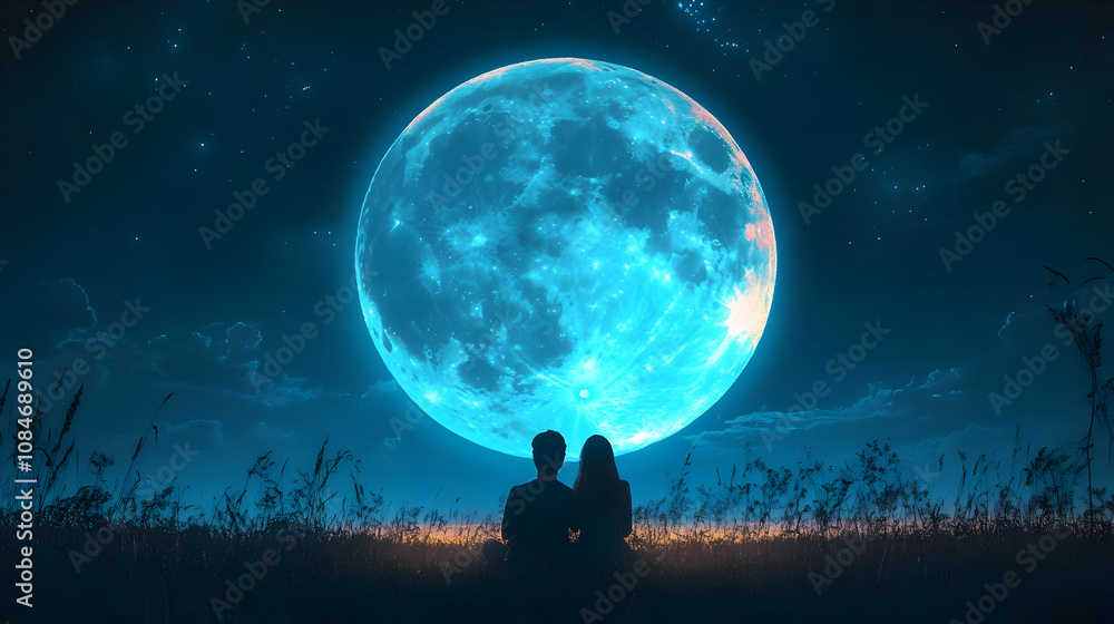 Couple Silhouettes Under a Glowing Blue Moon - Illustration Couple Silhouettes Under a Glowing Blue Moon - Illustration