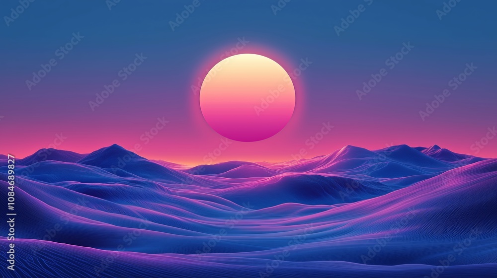 A mesmerizing digital landscape featuring rolling hills rendered in vivid hues of blue and purple, set against a striking gradient sky dominated by a glowing pink and orange sunset. A mesmerizing digital landscape featuring rolling hills rendered in vivid hues of blue and purple, set against a striking gradient sky dominated by a glowing pink and orange sunset.