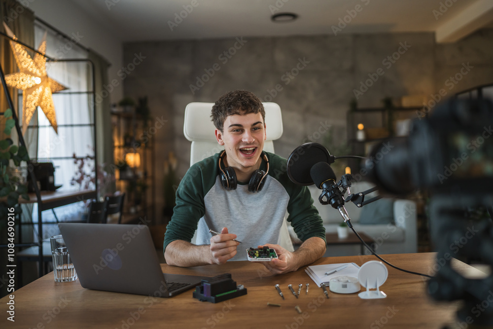 Young adult man record technology podcast in home studio setup Young adult man record technology podcast in home studio setup