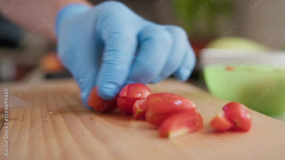 Chef Cuts Red Cherry Tomatoes On A Wooden Cutting Board Chef Cuts Red Cherry Tomatoes On A Wooden Cutting Board
