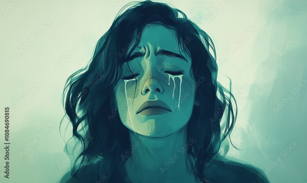 Emotional portrait of crying woman, tears streaming down face, expression of sadness and despair, soft color palette, artistic rendering Emotional portrait of crying woman, tears streaming down face, expression of sadness and despair, soft color palette, artistic rendering