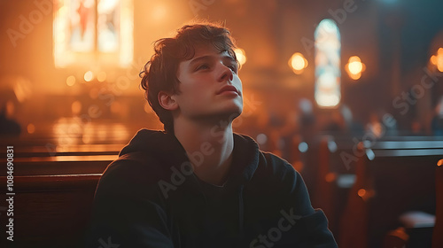 Young Man in a Church Pew Looking Up Illustration