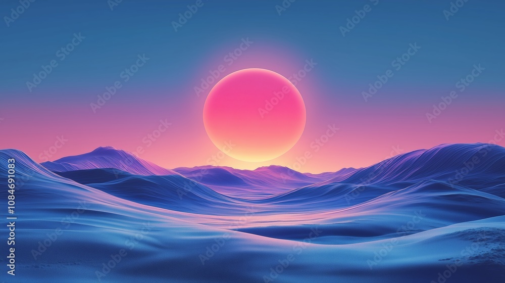 A mesmerizing digital landscape featuring rolling hills rendered in vivid hues of blue and purple, set against a striking gradient sky dominated by a glowing pink and orange sunset. A mesmerizing digital landscape featuring rolling hills rendered in vivid hues of blue and purple, set against a striking gradient sky dominated by a glowing pink and orange sunset.