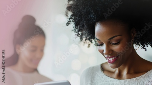 Situation Therapy Concept. A smiling woman with curly hair uses a tablet, while a second woman is blurred in the background, suggesting a casual, modern environment. photo